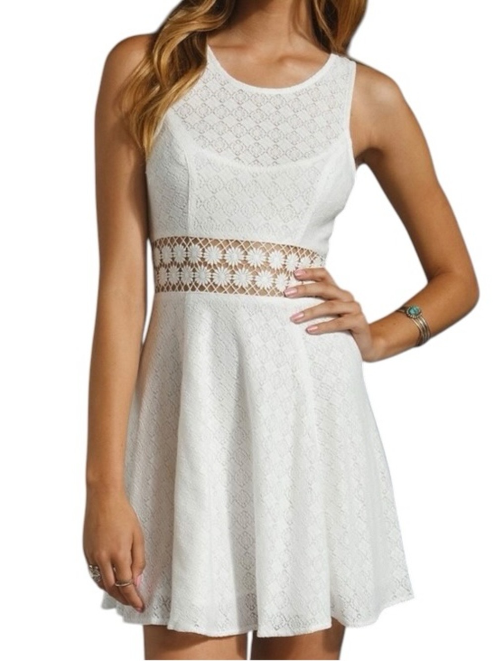 Free People Daisy Waist Ivory Lace Fit Flare Mini Dress Taylor Swift Sz 10